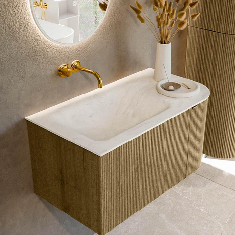 Mondiaz KURVE-DLUX Ensemble de meuble de salle de bains - 85x46x40cm - 1 tiroir - 1 porte - lavabo solid surface - gauche - sans trou de robinet - Dusk SW1415048