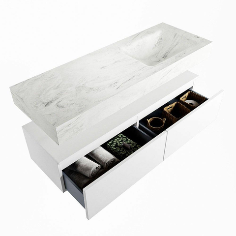 Mondiaz ALAN-DLUX Ensemble de meuble - 130cm - meuble Talc mat - 2 tiroirs - Lavabo Cloud Opalo suspendu - vasque Droite - 0 trous de robinet SW806488