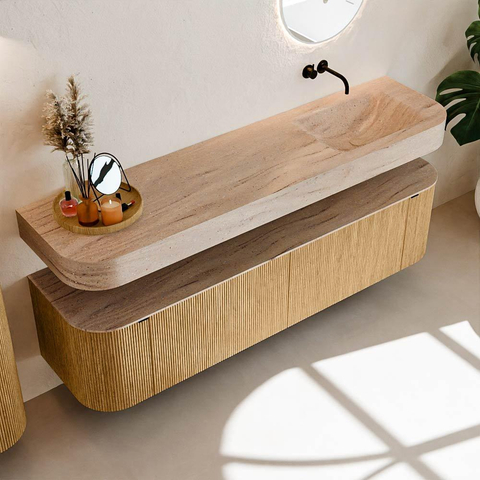 MONDIAZ THOR-DLUX 180cm badmeubel ronding links + rechts kleur Oak met 2 lades en 2 deuren. Vrijhangende wastafel CLOUD Rechts zonder kraangat kleur Saba. SW1466307