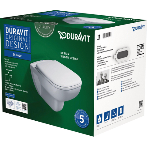 Duravit D-code - D-Code - PACK - hangtoilet - afmeting pack 565 x 400 x 450 mm - zonder spoelrand - met wc - softclose - wit SW104244