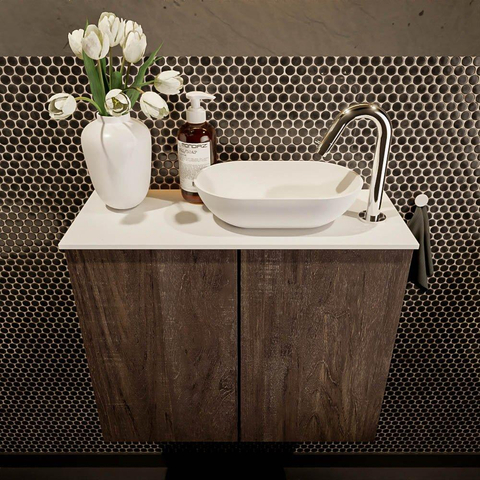 Mondiaz Fowy Meuble de toilette - 60x50x23cm - marron foncé mat - 1 trou de robinet - lavabo à droite - 2 portes - solid surface - plan Mélamine - lavabo : blanc SW761355