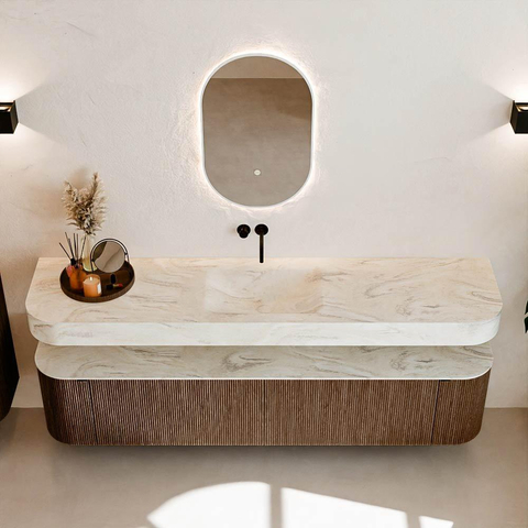 MONDIAZ THOR-DLUX 200cm meuble de salle de bains arrondi gauche + droite couleur Walnut avec 2 tiroirs et 2 portes. Vasque suspendue CLOUD Milieu sans trou de robinet couleur Ostra. SW1467004