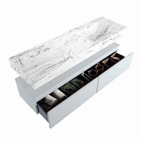 Mondiaz ALAN-DLUX Ensemble de meuble - 150cm - meuble Clay mat - 2 tiroirs - Lavabo Cloud Glace suspendu - vasque Droite - 0 trous de robinet SW806320