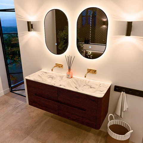 Mondiaz CIRO-DLUX Badkamermeubelset - 130x45x50cm - Solid surface wastafel Glace - 2 wasbak Dubbel - zonder kraangaten - 4 lades - Ruby SW1531659