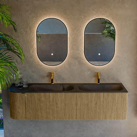 Mondiaz KURVE Ensemble de meubles de salle de bains - 165x46x40cm - 2 tiroirs - 1 porte - lavabo solid surface - double / droite - 2 trous de robinet - Dusk SW1414844