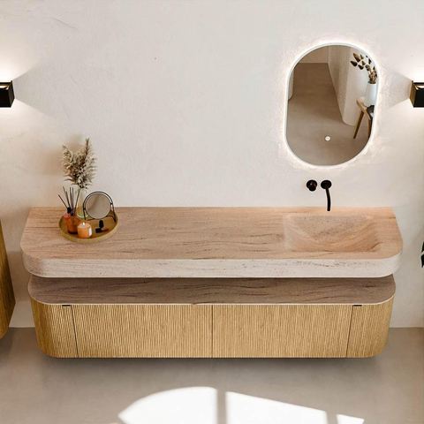 MONDIAZ THOR-DLUX Meuble de salle de bains - 200cm - arrondi gauche + droite - couleur Oak - 2 tiroirs et 2 portes - Vasque suspendue CLOUD Droite sans trou de robinet - couleur Saba SW1467218