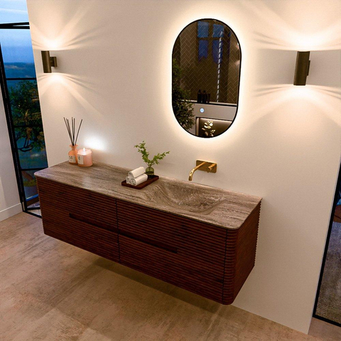 Mondiaz CIRO-DLUX Badkamermeubelset - 160x45x50cm - Solid surface wastafel Oza - 1 wasbak Rechts - zonder kraangaten - 4 lades - Ruby SW1531910