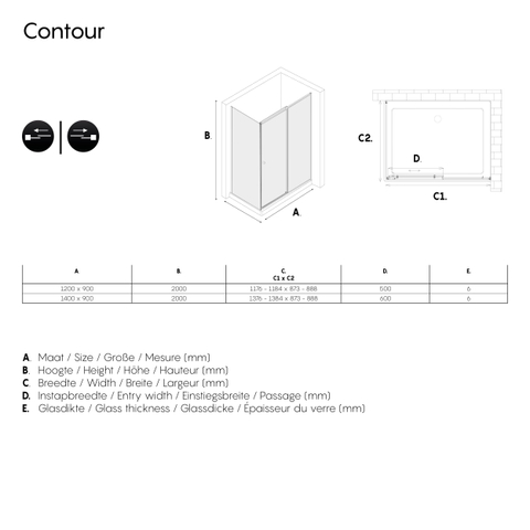 Sealskin Contour schuifdeur met zijwand 140x90 cm, 200 cm hoog, zwart, 6 mm helder veiligheidsglas SW296189