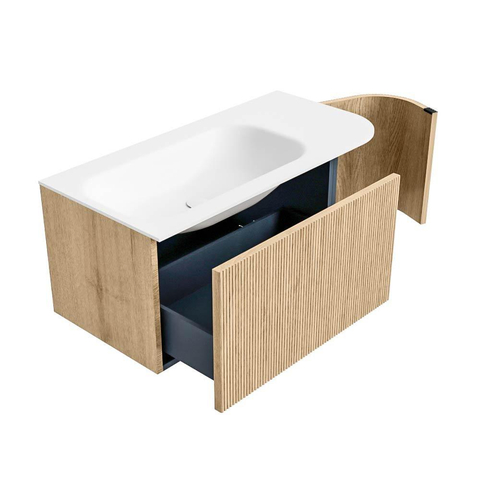 MONDIAZ KURVE 95cm badmeubel met module 25 R kleur Oak met 1 lade en 1 deur. Wastafel BIG SMALL links 1 kraangat Talc. SW1138138