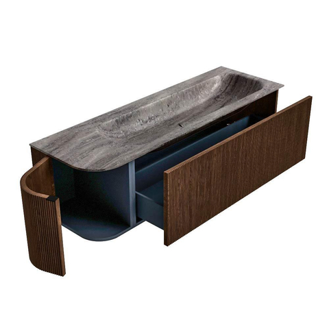 MONDIAZ KURVE-DLUX meuble de salle de bains 145cm arrondi à gauche couleur Walnut avec 1 tiroir et 1 porte. Lavabo BIG LARGE à droite 2 trous de robinet Oza. SW1432460