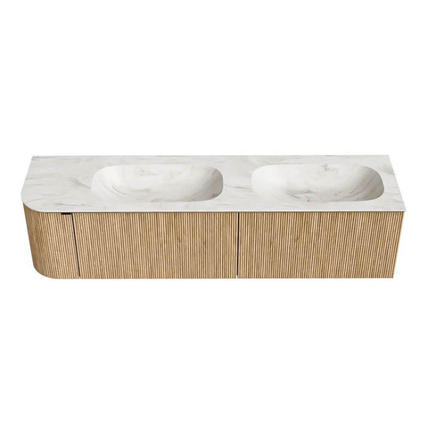MONDIAZ KURVE-DLUX meuble de salle de bains 175 cm avec module 25 L couleur Oak avec 2 tiroirs et 1 porte. Lavabo STOR SMALL double / droit sans trou de robinet couleur Ostra. SW1137813