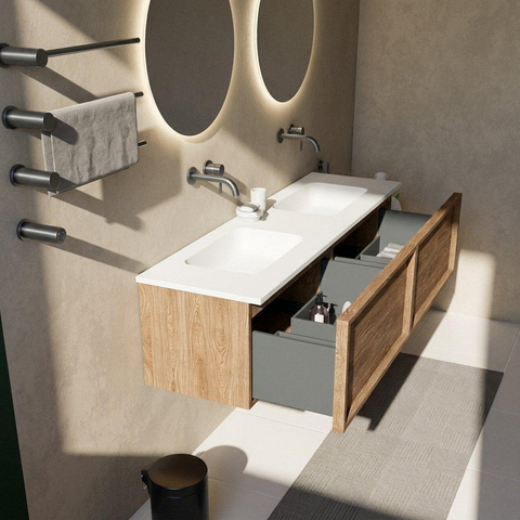Saniclass Holz Frame Ensemble meuble de salle de bains - 160x45x57.5cm - vasque Torino en solid surface blanc - sans trou de robinetterie - 2 tiroirs - chêne natural mat (bois) SW1478689