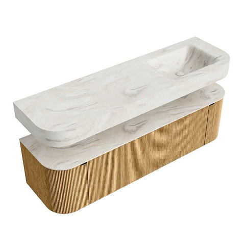 MONDIAZ THOR-DLUX 160cm badmeubel ronding links + rechts kleur Oak met 1 lade en 2 deuren. Vrijhangende wastafel CLOUD Rechts zonder kraangat kleur Ostra. SW1464984