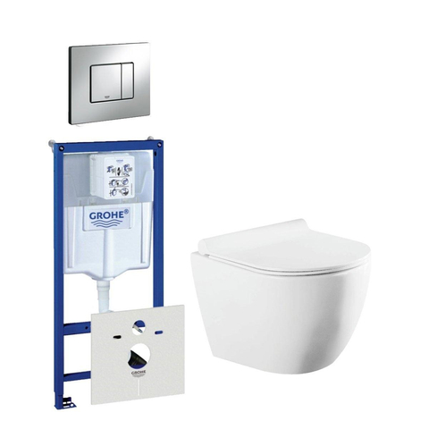 QeramiQ Salina Compact toiletset bestaande uit inbouwreservoir, compact wandcloset met toiletzitting en bedieningsplaat verticaal/horizontaal chroom SW444762