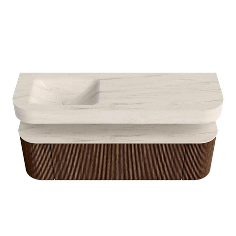 MONDIAZ THOR-DLUX 150cm badmeubel ronding links + rechts kleur Walnut met 1 lade en 2 deuren. Vrijhangende wastafel CLOUD Links zonder kraangat kleur Meli. SW1464788