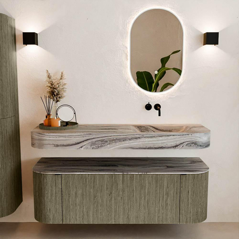 MONDIAZ THOR-DLUX 140cm meuble de salle de bains arrondi gauche + droite couleur Shadow avec 1 tiroir et 2 portes. Vasque suspendue CLOUD droite sans trou de robinet couleur Sombra. SW1464266