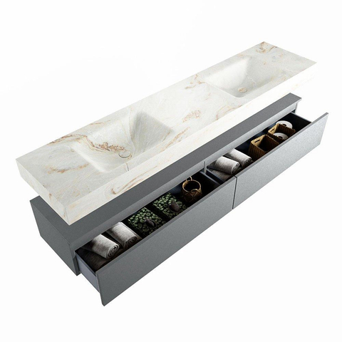 Mondiaz ALAN-DLUX Ensemble de meuble - 200cm - meuble Plata mat - 2 tiroirs - Lavabo Cloud Frappe suspendu - vasque Gauche et droite - 0 trous de robinet SW805243