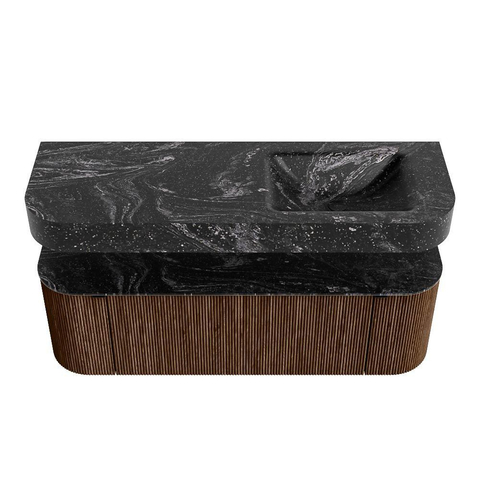 MONDIAZ THOR-DLUX 140cm badmeubel ronding links + rechts kleur Walnut met 1 lade en 2 deuren. Vrijhangende wastafel CLOUD Rechts 1 kraangat kleur Lava. SW1463980