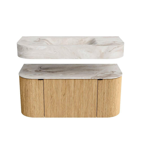 MONDIAZ THOR-DLUX Meuble de salle de bains - 100cm - arrondi gauche + droite - couleur Oak - 1 tiroir - 2 portes - Vasque suspendue CLOUD Milieu 1 trou de robinet - couleur Frappe SW1467304