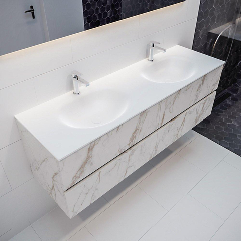 MONDIAZ VICA Ensemble de meuble salle de bain - 150cm - 4 tiroirs - lavabo Moon double - 2 trous de robinet - solid surface marbre carrara SW410362