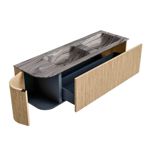MONDIAZ KURVE-DLUX 145cm meuble de salle de bains arrondi gauche couleur Chêne avec 1 tiroir et 1 porte. Lavabo LEAF double / à droite sans trou de robinet Sombra. SW1433583