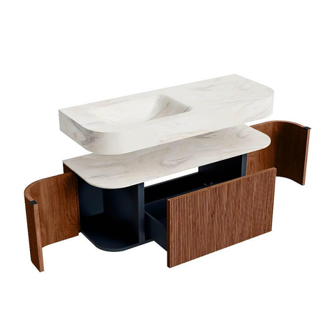 MONDIAZ THOR-DLUX 120cm meuble de salle de bains arrondi gauche + droite couleur Ruby avec 1 tiroir et 2 portes. Vasque suspendue CLOUD Gauche 1 trou de robinet couleur Ostra. SW1463125