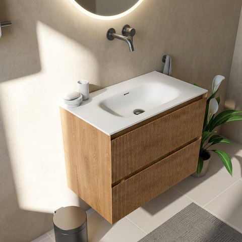 Saniclass Holz Atelier Badkamermeubelset - 80x45x61.5cm - Flow solid surface wastafel wit - 1 wasbak - zonder kraangat - 2 lades - mat eiken natural (hout) SW1478378
