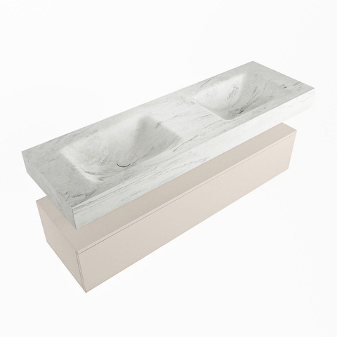 Mondiaz ALAN-DLUX Ensemble de meuble - 150cm - meuble Linen mat - 1 tiroir - Lavabo Cloud Opalo suspendu - vasque Gauche et droite - 0 trous de robinet SW806631