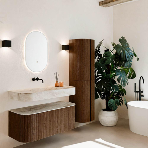 MONDIAZ THOR-DLUX 110cm badmeubel ronding links + rechts kleur Walnut met 1 lade en 2 deuren. Vrijhangende wastafel CLOUD Midden zonder kraangat kleur Frappe. SW1462772