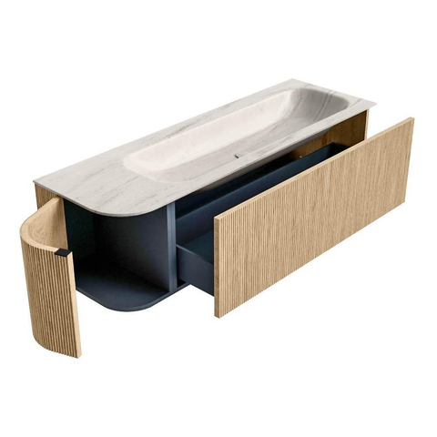 MONDIAZ KURVE-DLUX 145cm meuble de salle de bains arrondi gauche couleur Oak avec 1 tiroir et 1 porte. Lavabo BIG LARGE droit sans trou de robinet Meli. SW1431614