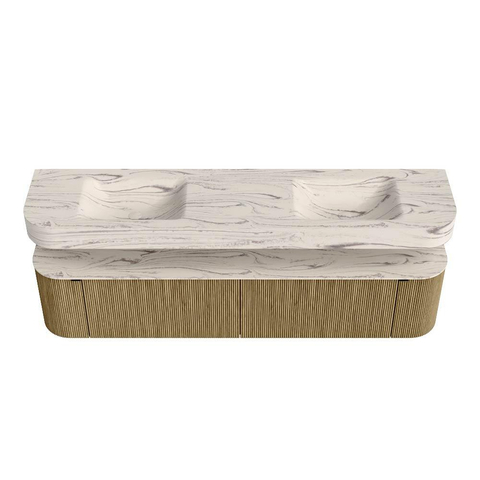 MONDIAZ THOR-DLUX 200cm meuble de salle de bains arrondi gauche + droite couleur Dusk avec 2 tiroirs et 2 portes. Vasque suspendue CLOUD Double sans trou de robinet couleur Nata. SW1467153