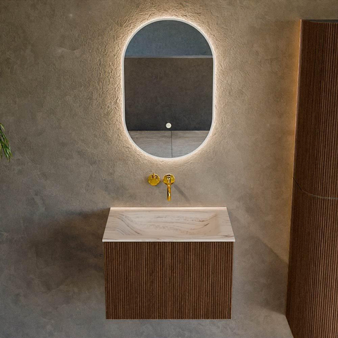 MONDIAZ KURVE-DLUX Meuble de salle de bains 60cm couleur Walnut avec 1 tiroir et 0 porte. Vasque CLOUD Centrale sans trou de robinet Nata. SW1432157