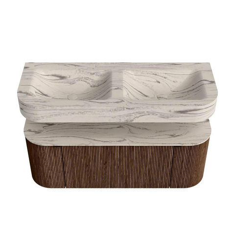 MONDIAZ THOR-DLUX 120cm badmeubel ronding links + rechts kleur Walnut met 1 lade en 2 deuren. Vrijhangende wastafel CLOUD Dubbel zonder kraangat kleur Nata. SW1463350