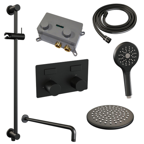 BRAUER Black Carving Douche de pluie thermostatique encastrée - boutons poussoirs - SET 69 - douche de tête 20cm - bras mural courbé - douchette 3 jets - flexible de douche - barre de douche intégrée - noir mat SW925403