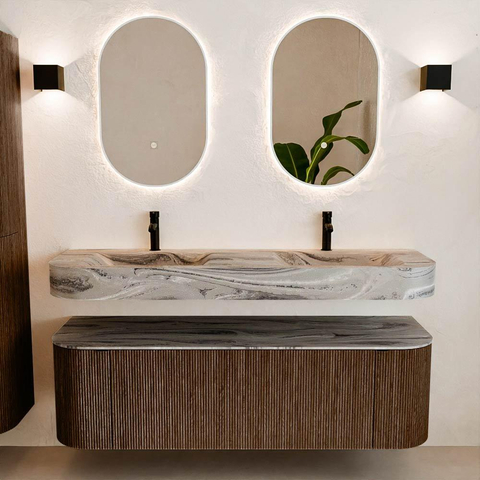 MONDIAZ THOR-DLUX 150cm meuble de salle de bains arrondi gauche + droite couleur Walnut avec 1 tiroir et 2 portes. Vasque suspendue CLOUD Double 2 trous de robinet couleur Sombra. SW1464945