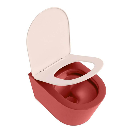 Mondiaz LAVIE hangtoilet – spoelrandloos – 36 x 53 cm – met softclose zitting – Fire (rood), zitting Rosee (roze) SW1208685