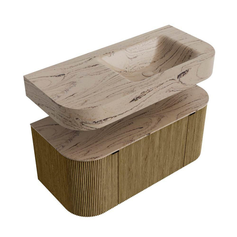 MONDIAZ THOR-DLUX 100cm meuble de salle de bains arrondi gauche + droite couleur Dusk avec 1 tiroir et 2 portes. Vasque suspendue CLOUD Droite 1 trou de robinet couleur Arena. SW1467457