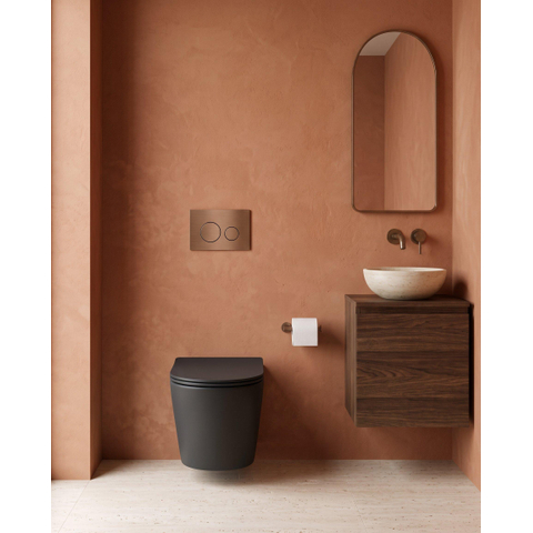 QeramiQ Dely Toiletset - 36.3x51.7cm - Geberit UP720 inbouwreservoir - rimless - diepspoel - zitting - softclose - bedieningsplaat koper - ronde knoppen - mat zwart SW1428451