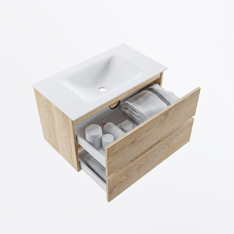 MONDIAZ VICA meuble sous lavabo 80cm Chêne blanchi 2 tiroirs. Lavabo CLOUD centre 1 trou de robinet, couleur Talc. SW1381796