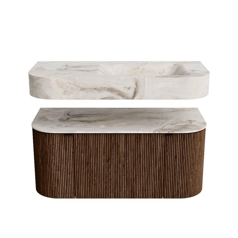 MONDIAZ THOR-DLUX Meuble de salle de bains 100cm arrondi gauche + droite couleur Walnut avec 1 tiroir et 2 portes. Vasque suspendue CLOUD Droite 1 trou de robinet couleur Frappe. SW1467338