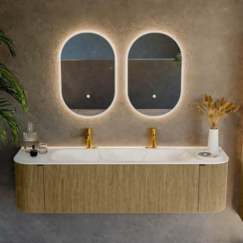 Mondiaz KURVE-DLUX Ensemble meuble de salle de bains - 170x46x40cm - 1 tiroir - 2 portes - vasque solid surface - central - 2 trous de robinet - Dusk SW1415175