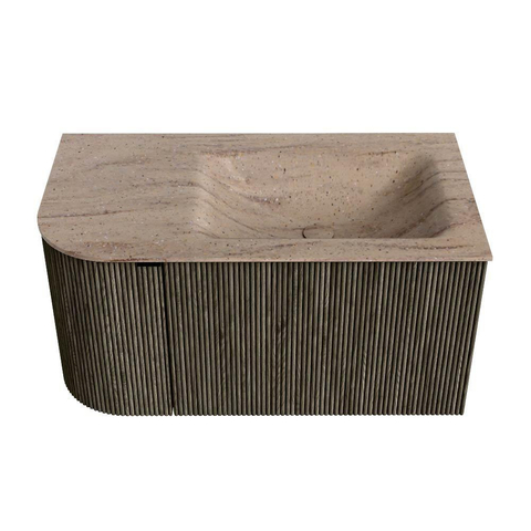 MONDIAZ KURVE-DLUX 85cm badmeubel ronding Links kleur Shadow met 1 lade en 1 deur. Wastafel CLOUD Rechts 1 kraangat Saba. SW1433409