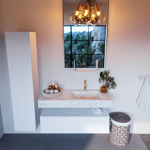 Mondiaz ALAN-DLUX Ensemble de meuble - 110cm - meuble Talc mat - 1 tiroir - Lavabo Cloud Opalo suspendu - vasque Droite - 1 trou de robinet SW806371