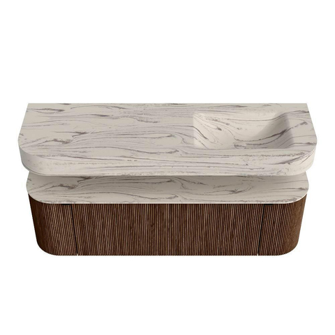 MONDIAZ THOR-DLUX 150cm badmeubel ronding links + rechts kleur Walnut met 1 lade en 2 deuren. Vrijhangende wastafel CLOUD Rechts 1 kraangat kleur Nata. SW1464801