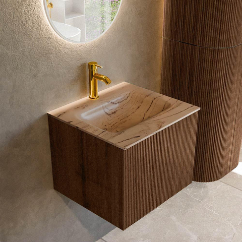 MONDIAZ KURVE-DLUX 50cm badmeubel kleur Walnut met 1 lade en 0 deuren. Wastafel GRUNNE Midden 1 kraangat Arena. SW1431190