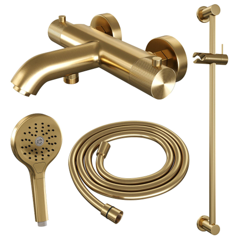 Robinet de baignoire Brauer Gold Carving à poser - barre de douche - 2 fonctions - 2 boutons carving - douchette ronde 3 positions - PVD - or brossé SW1164691