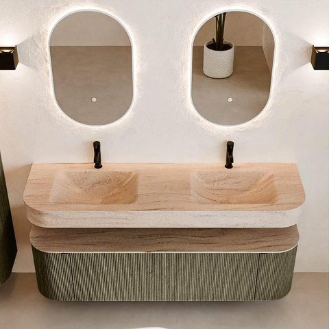 MONDIAZ THOR-DLUX 160cm meuble de salle de bains arrondi gauche + droite couleur Shadow avec 1 tiroir et 2 portes. Vasque suspendue CLOUD Double 2 trous de robinet couleur Saba. SW1465373