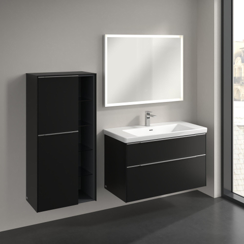 Villeroy & boch subway 3.0 armoire de salle de bains 60x35x120cm avec 2 portes à fermeture douce à gauche 5 compartiments ouverts en saillie avec poignée en aluminium brillant volcano noir panneau de particules SW730412