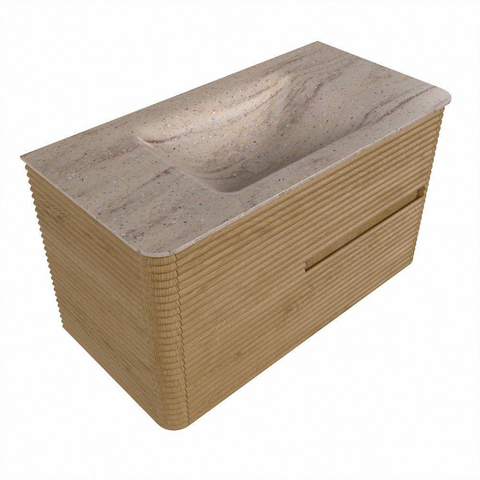 Mondiaz CIRO-DLUX Badkamermeubelset - 90x45x50cm - Solid surface wastafel Saba - 1 wasbak Midden - zonder kraangaten - 2 lades - Oak SW1531169