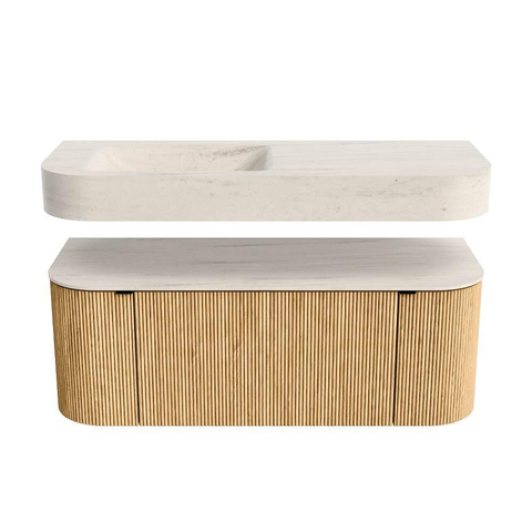 MONDIAZ THOR-DLUX 120cm meuble de salle de bains arrondi gauche + droite couleur Oak avec 1 tiroir et 2 portes. Vasque suspendue CLOUD Gauche sans trou de robinet couleur Meli. SW1463326